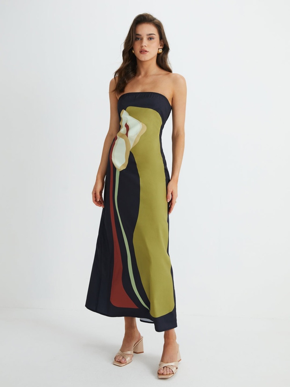 Commense Strapless Maxi Dress in Olive, Navy & Cream